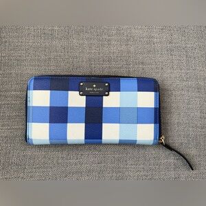 Kate Spade blue & white gingham checkered zip-around wallet